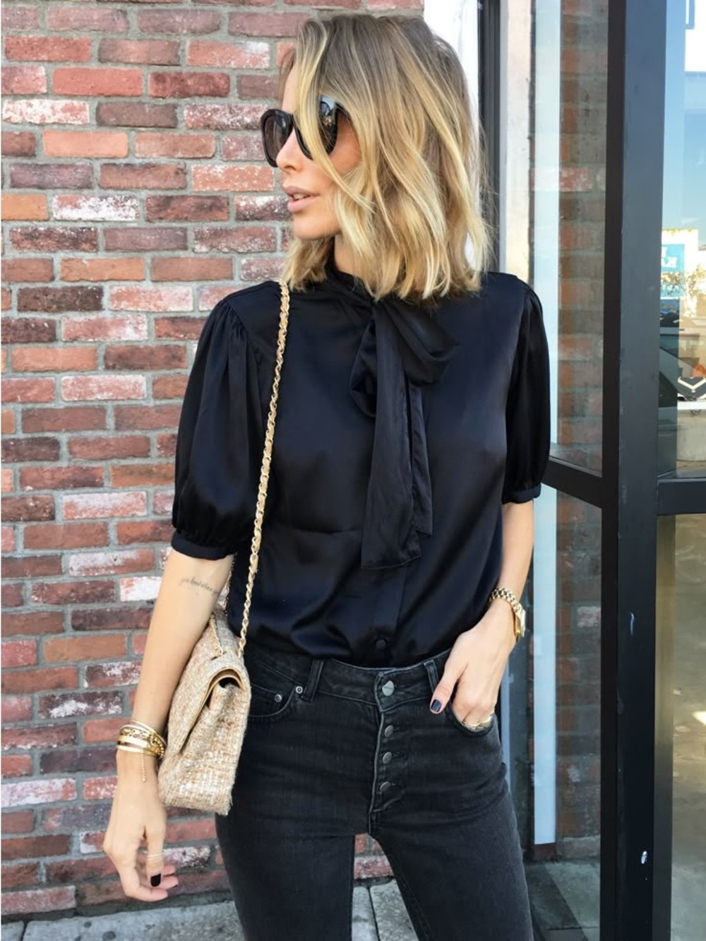 Anine Bing Women's Black Puff Sleeve Tie-Neck Satin Blouse XS